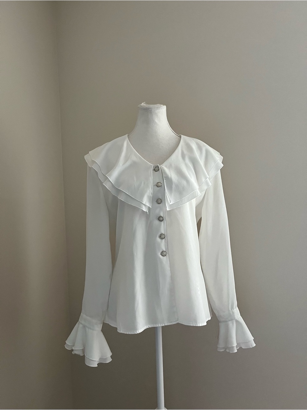 White Ruffled Collar Button-Front Blouse